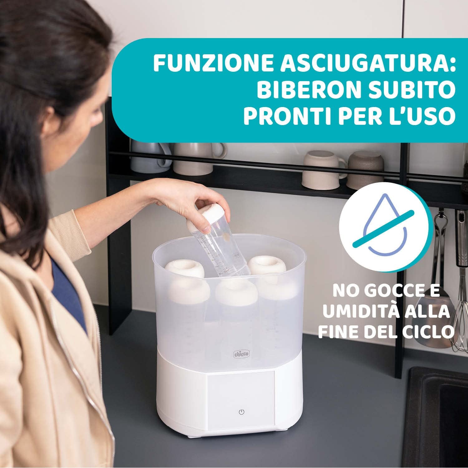 Chicco Sterilizzatore Con Asciugatura Per Biberon, Tiralatte E Ciucci, Fino A 6 Biberon Da 330 Ml, 2 Configurazioni, Vapore Naturale, Bianco