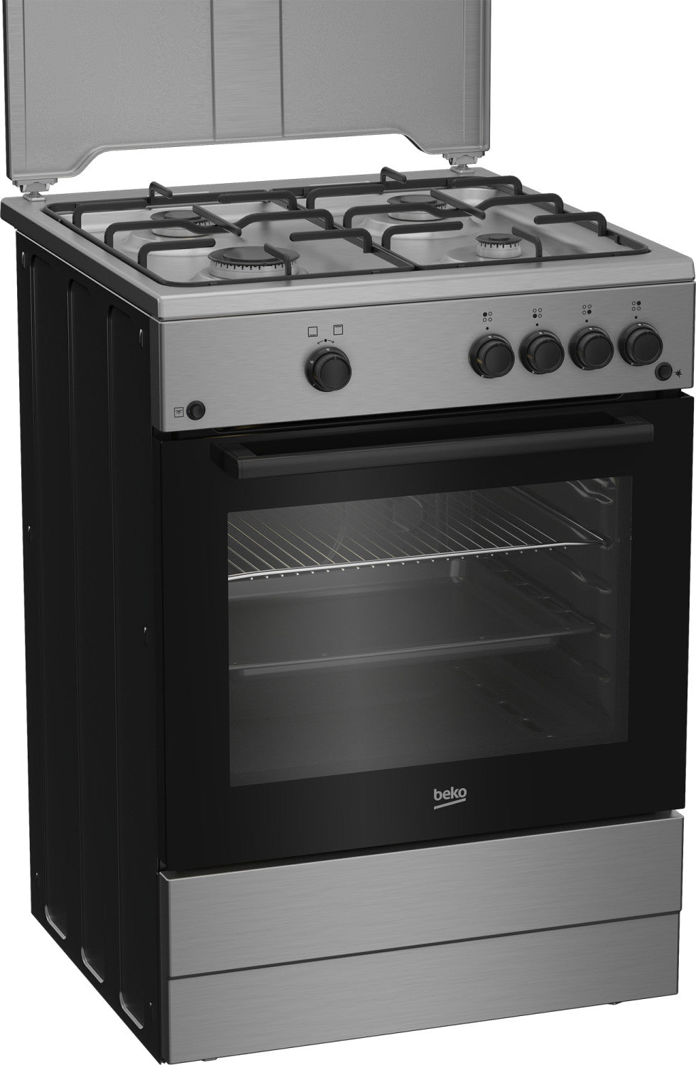 Beko Cucina Forno a Gas,coperchio in metallo, ventilazione tangenziale, Classe A, Inox