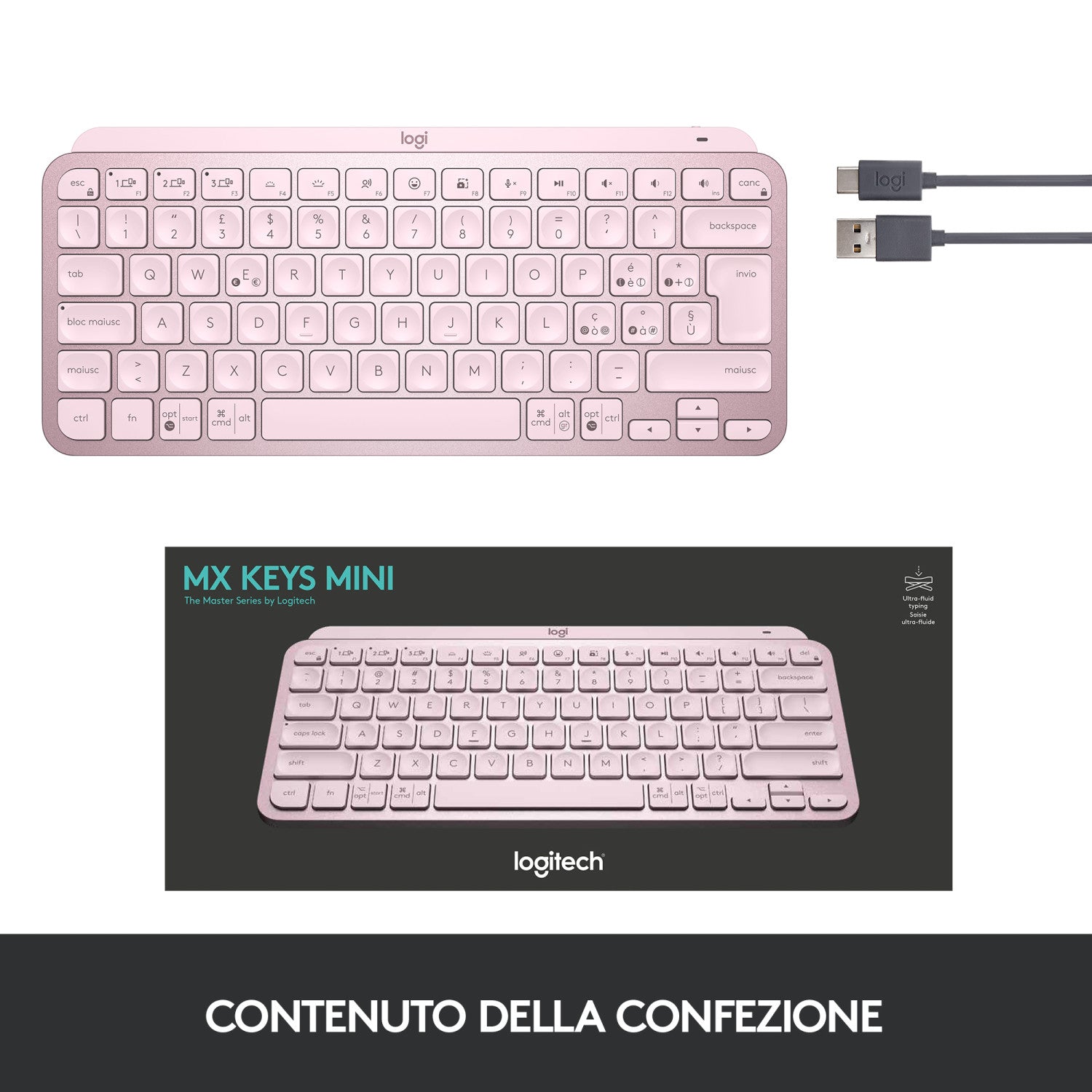 Logitech MX Keys Mini Tastiera Illuminata Wireless, Minimal, Compatta, Bluetooth, Retroilluminata, USB-C, Compatibile con Apple macOS, iOS, Windows, Linux, Android, in Metallo