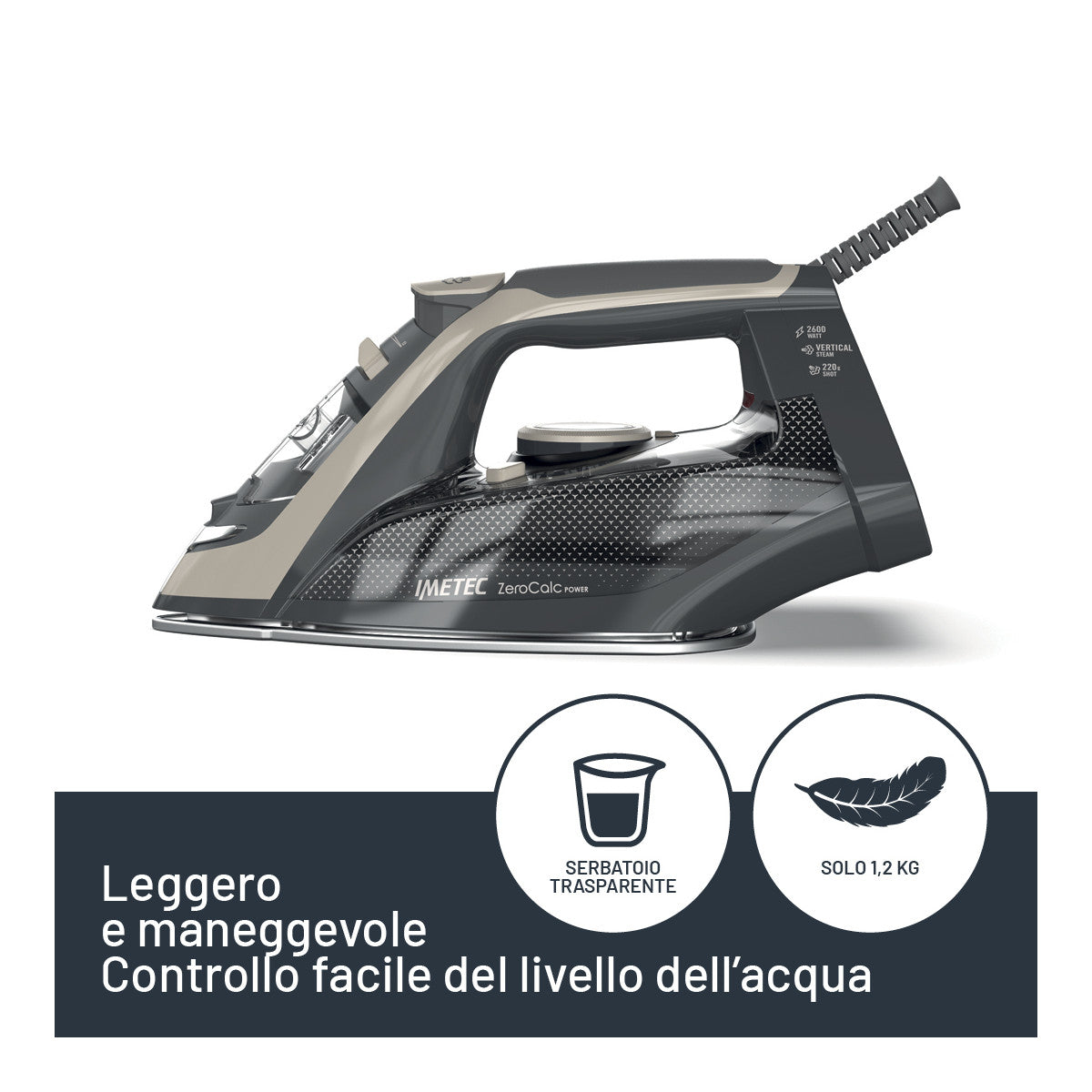 Imetec ZeroCalc Power - Ferro da Stiro da 2600W con Colpo di Vapore 220g,Piastra in Acciaio Satinato, Sistema Anticalcare, Leggero