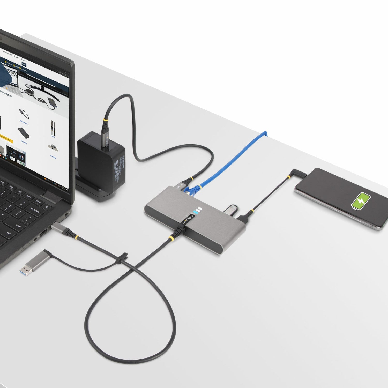 StarTech.com Hub USB-C a 2 porte con Ethernet e RS-232, dongle USB-C a USB-A collegato, 100W PD Pass-through, 2x USB-A 5Gbps, Gigabit Ethernet, RS232 seriale (FTDI)