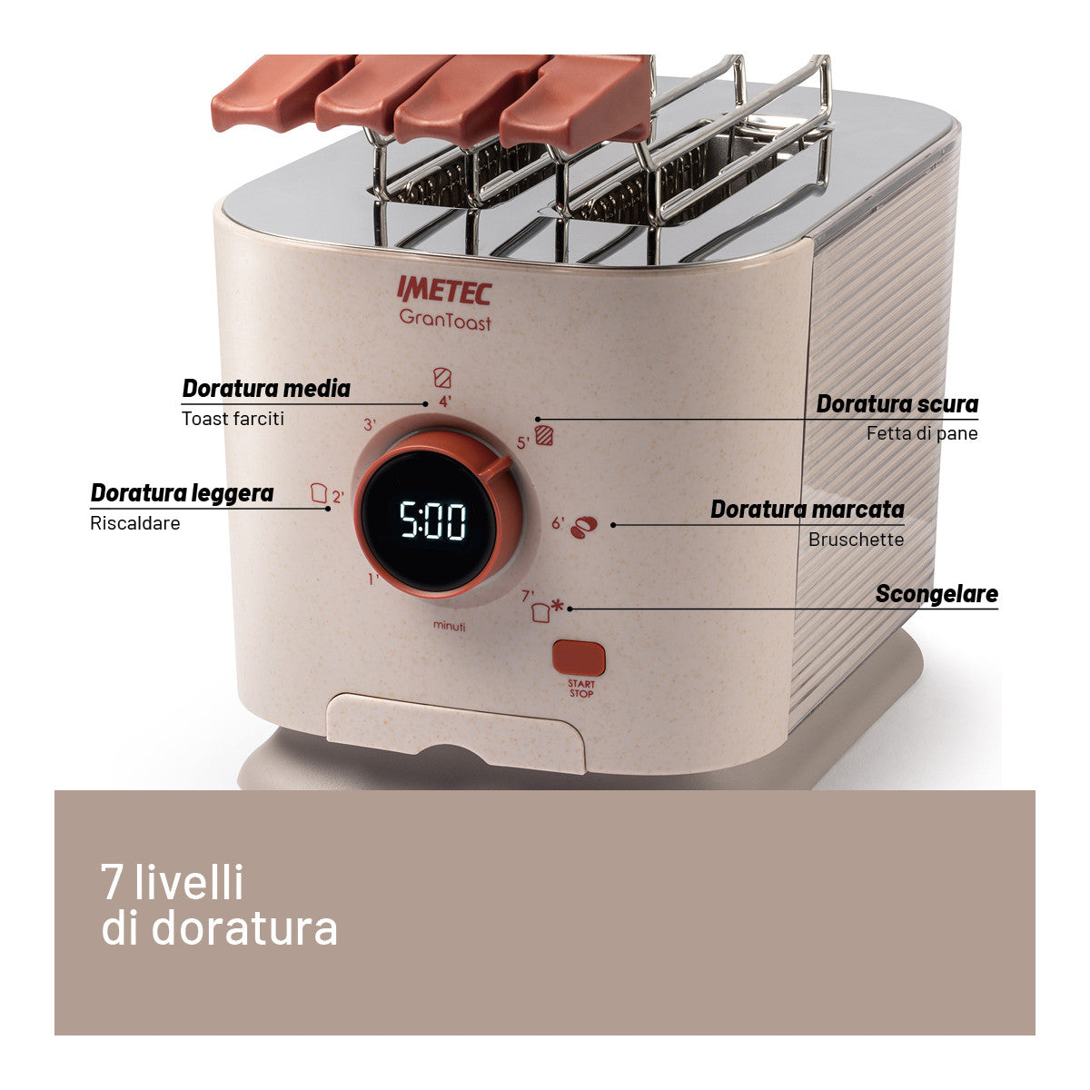 Imetec Grantoast - Tostapane 2 Fette XL con Pinze Apribili per Toast Farciti - 7 Livelli Doratura, Facile Pulizia, Display LED, Griglia Scalda Brioche, Pizzette e Focacce, Timer Digitale, Acciaio Inox.