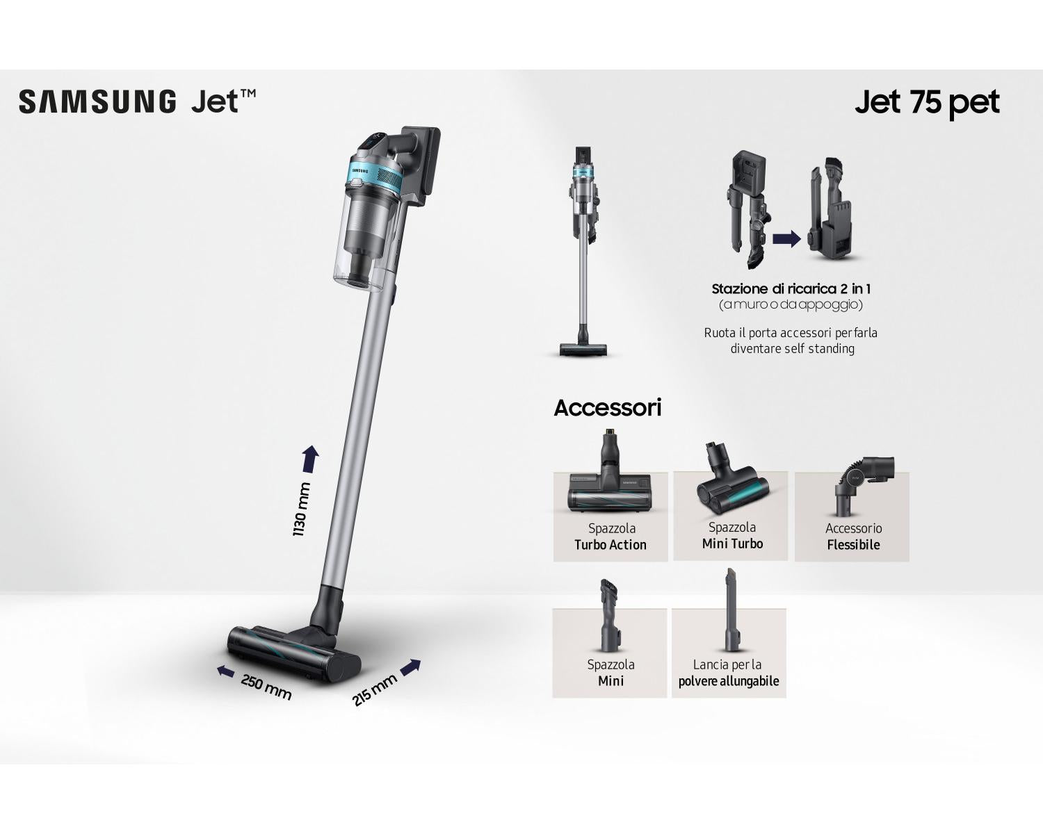 Samsung VS20T7532T1 Jet 75 pet Scopa Elettrica Senza Filo Senza Sacchetto Potenza 200W Silver