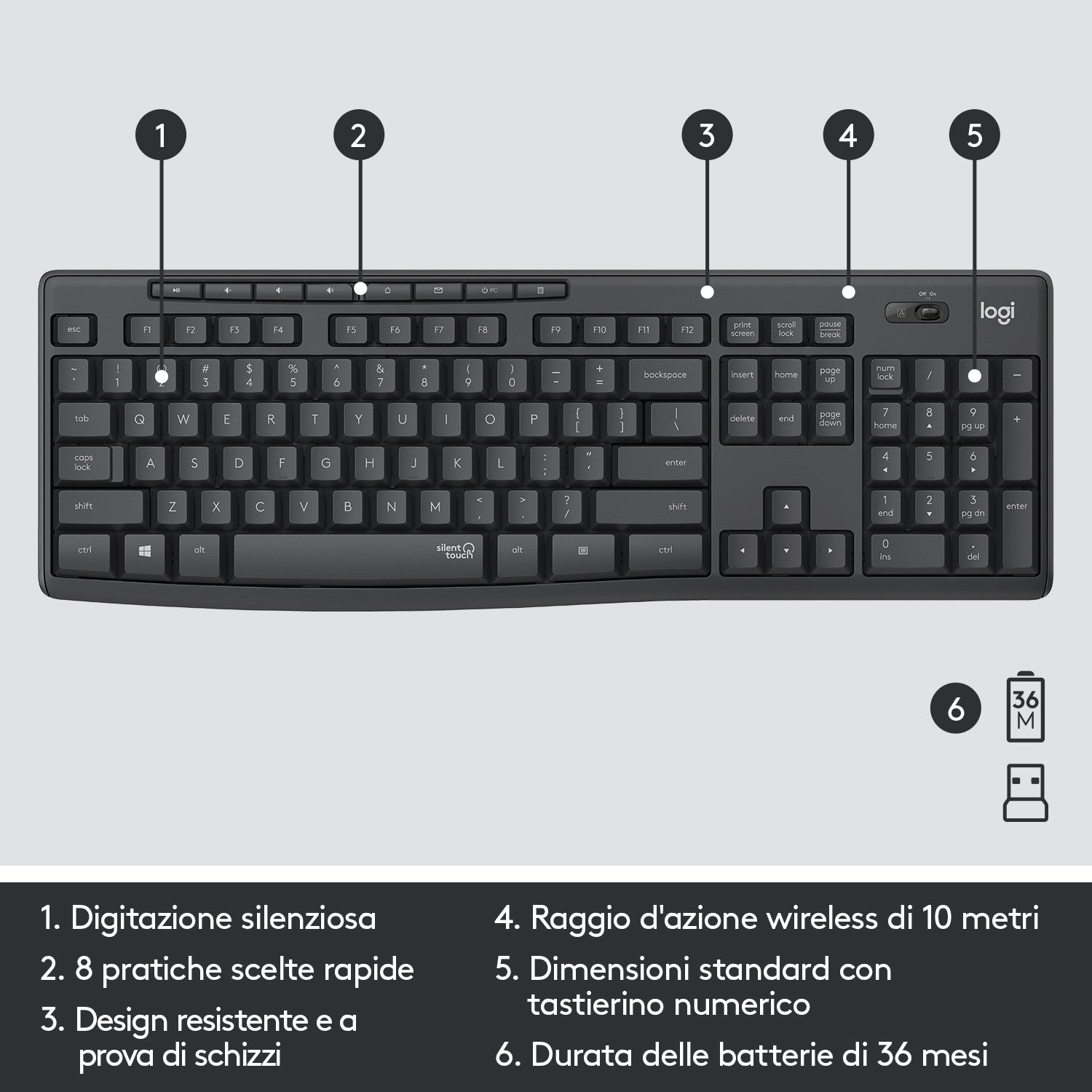 Logitech MK295 Kit Mouse e Tastiera Wireless Tecnologia SilentTouch, Tastierino Numerico, Tasti Scelta Rapida, Tracciamento Ottico Avanzato, Ricevitore USB Nano, Senza Lag, Meno 90 di Rumore