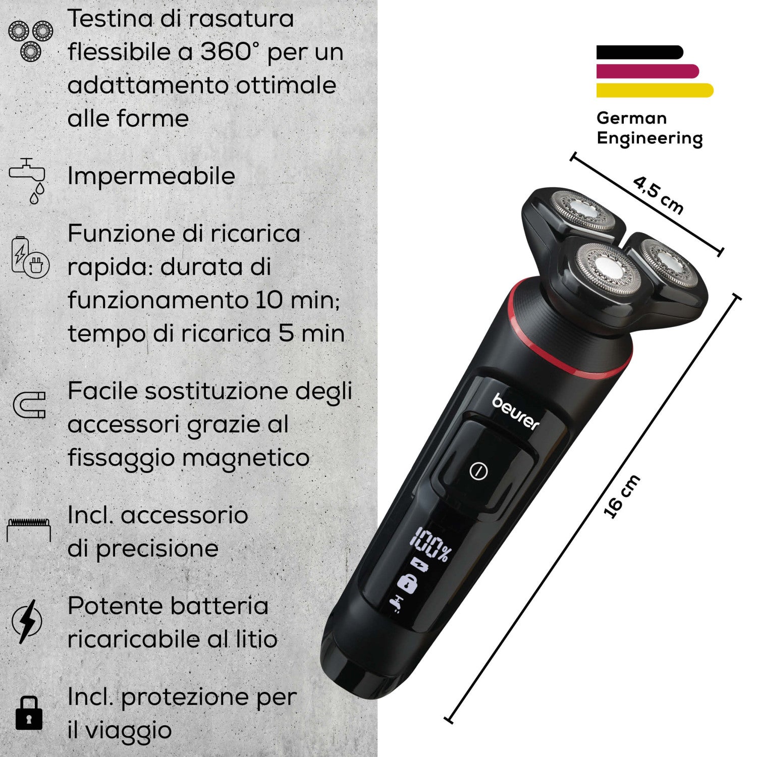 Beurer Rasoio rotante MN8X, regolazione ottimale grazie alla testina flessibile a 360 , 3 testine ad attacco magnetico, accessorio di precisione, impermeabile, ricarica rapida, display LED