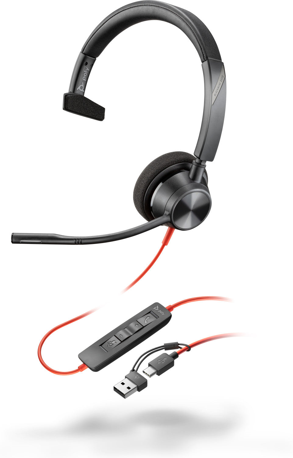 POLY Cuffie monoaurali Blackwire 3310 con connettore USB-C adattatore USB-C/A