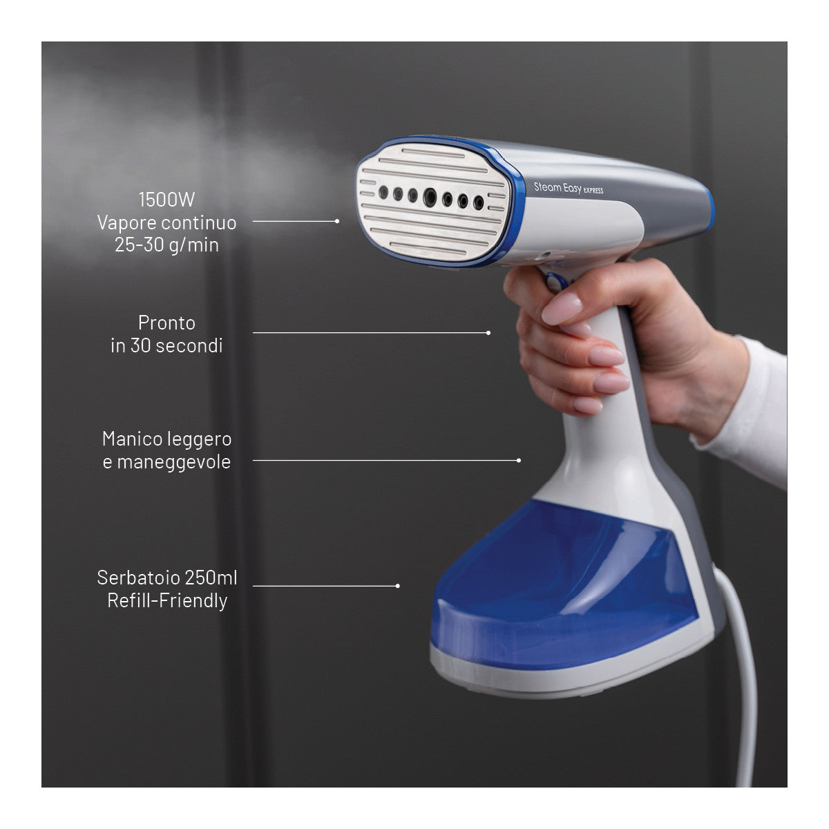 Imetec Steam Easy Express, ferro da stiro portatile verticale, piastra acciao, pronto in 30pollicipollici, tasto erogazione vapore continuo, vapore continuo 25-30 g, serbatoio 250 ml, 1500 W
