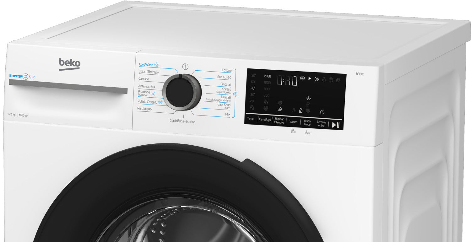 Beko b300 BMWT31241A: Lavatrice 12kg, Classe A, 1400giri, linea estetica NX, motore ProSmart Inverter, Display Touch, oblò nero, tecnologia EnergySpin , tecnologia a vapore SteamCure
