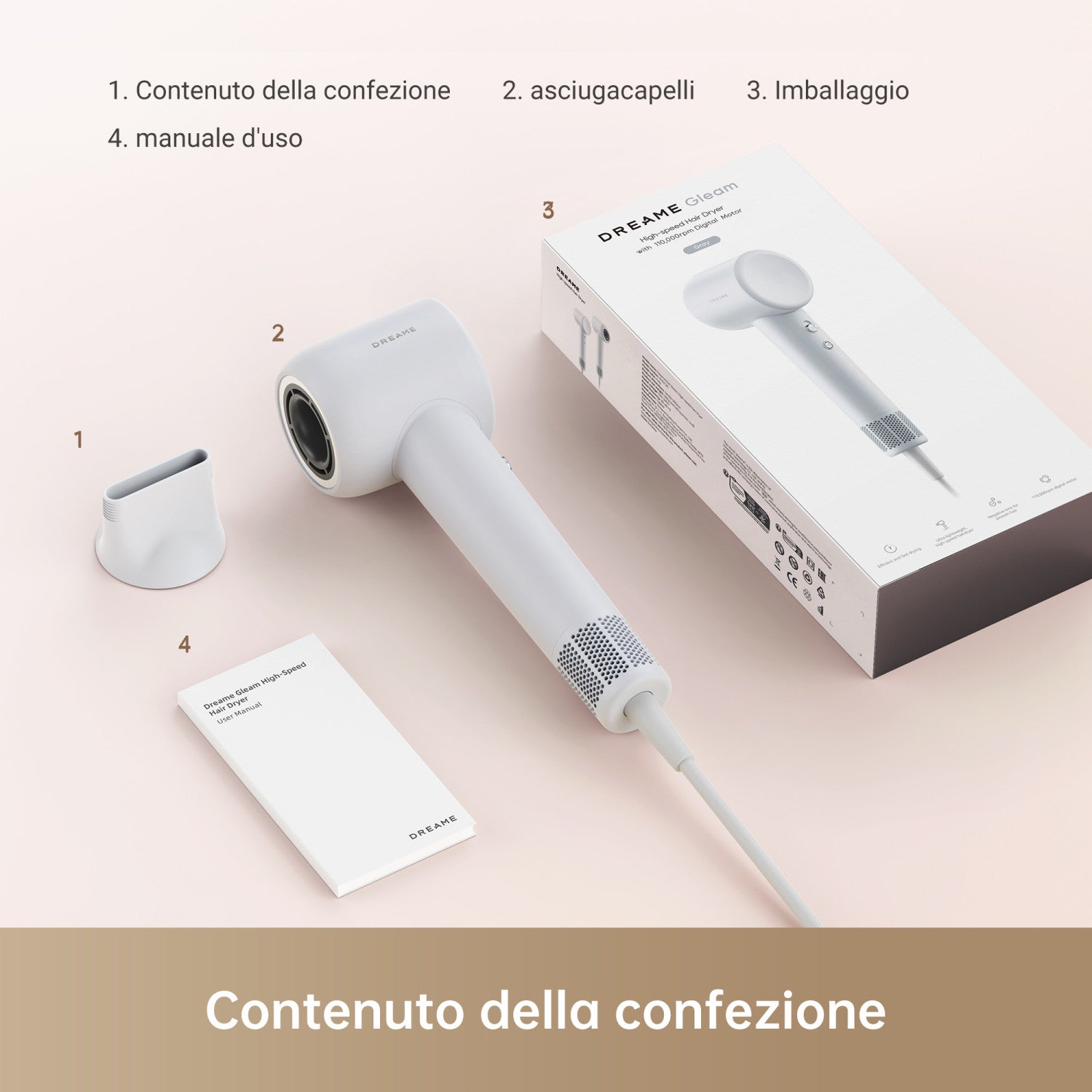 Dreame Hair Dryer Gleam Asciugacapelli ad alta velocità con motore brushless da 110.000 giri min e 1.600 W Grigio