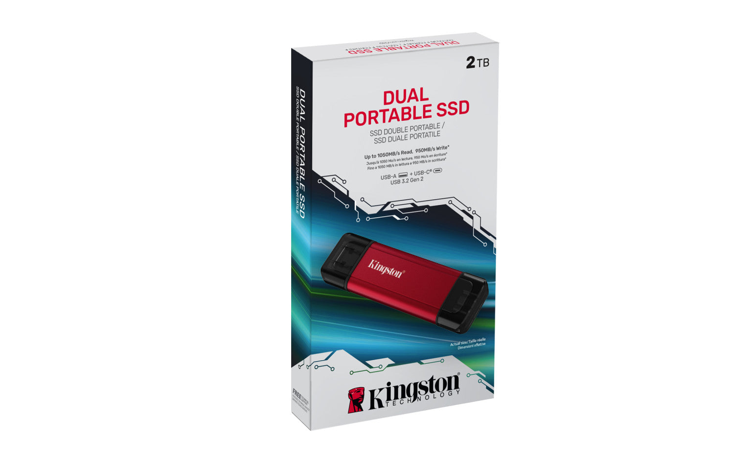 Kingston Technology 2TB Dual USB-A/C Portable SSD, Up to 1050MB/s USB 3.2 Gen 2