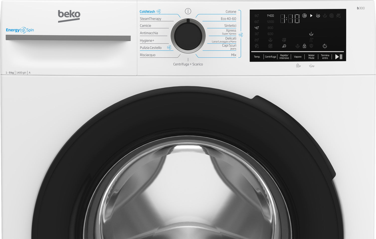 Beko b300 BMW9149DB: Lavatrice 9kg, classe A-30 , 1400giri, linea estetica NX, motore inverter, display touch, porta nera, tecnologia EnergySpin , funzione vapore