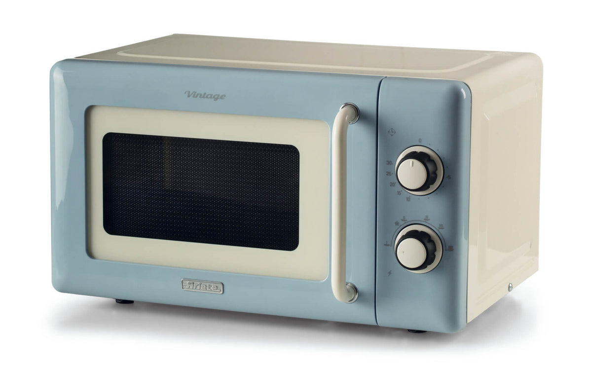 Ariete Linea Vintage 3960 Forno a microonde Vintage, 800W, Capacità 20L, 3 funzioni, 6 livelli di cottura, Timer, Celeste