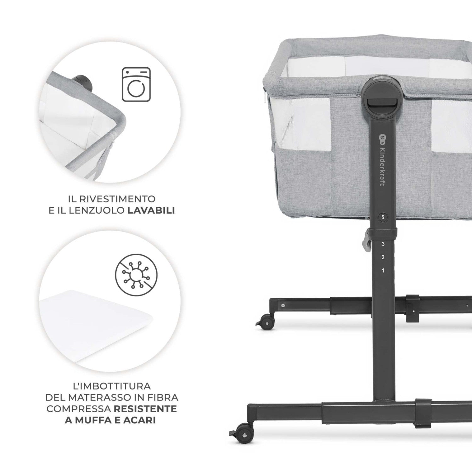 Kinderkraft Nestee Up 2 Culla Co-Sleeping 2 in 1, 5 Livelli di Altezza, 4 Ruote, con Materasso, Grigio Chiaro