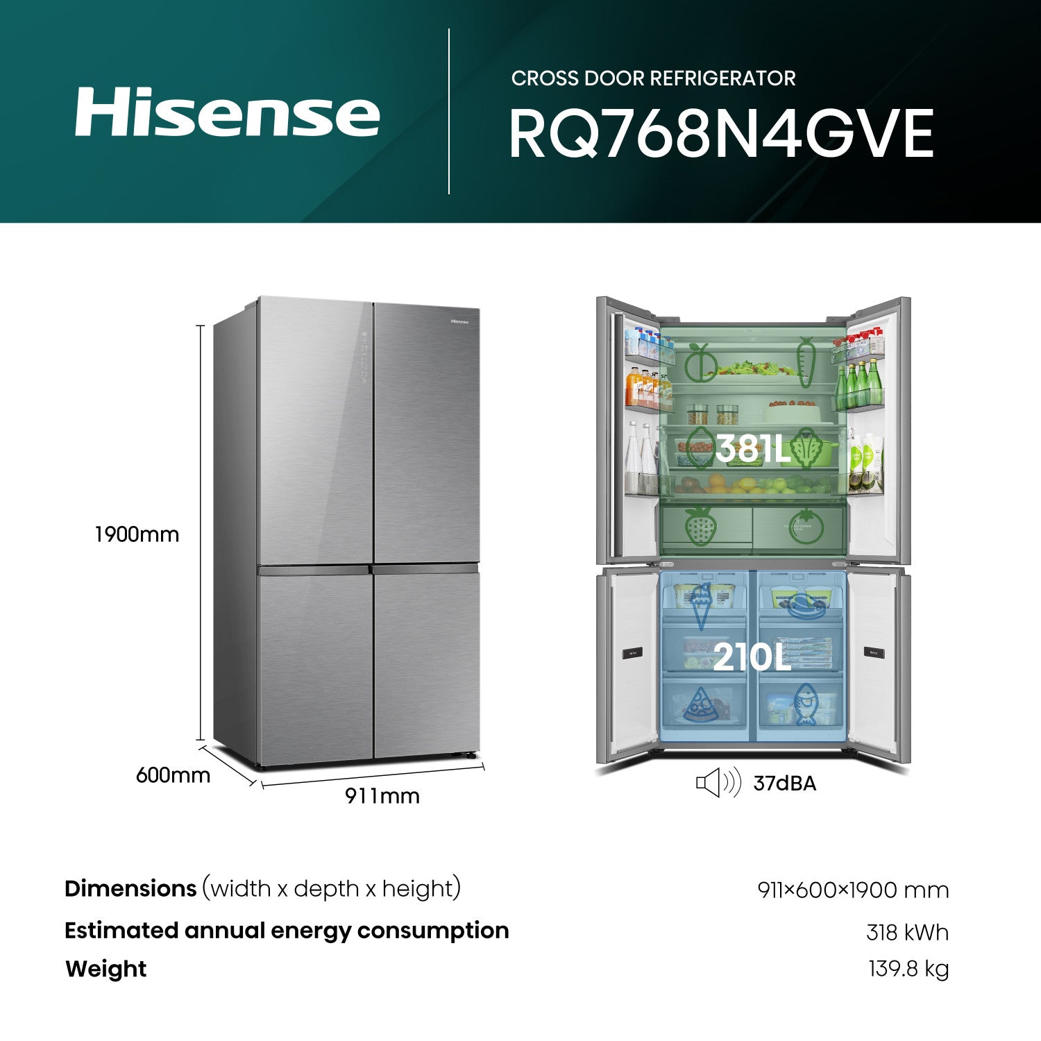 Hisense RQ768N4GVE frigorifero side-by-side Libera installazione 591 L Argento