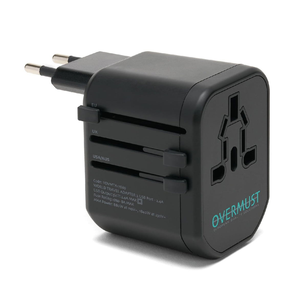 Overmust Adattatore Universale Da Viaggio 2 Porte USB UK/EU/USA/AUS 110-240V Doppio Fusibile 8A