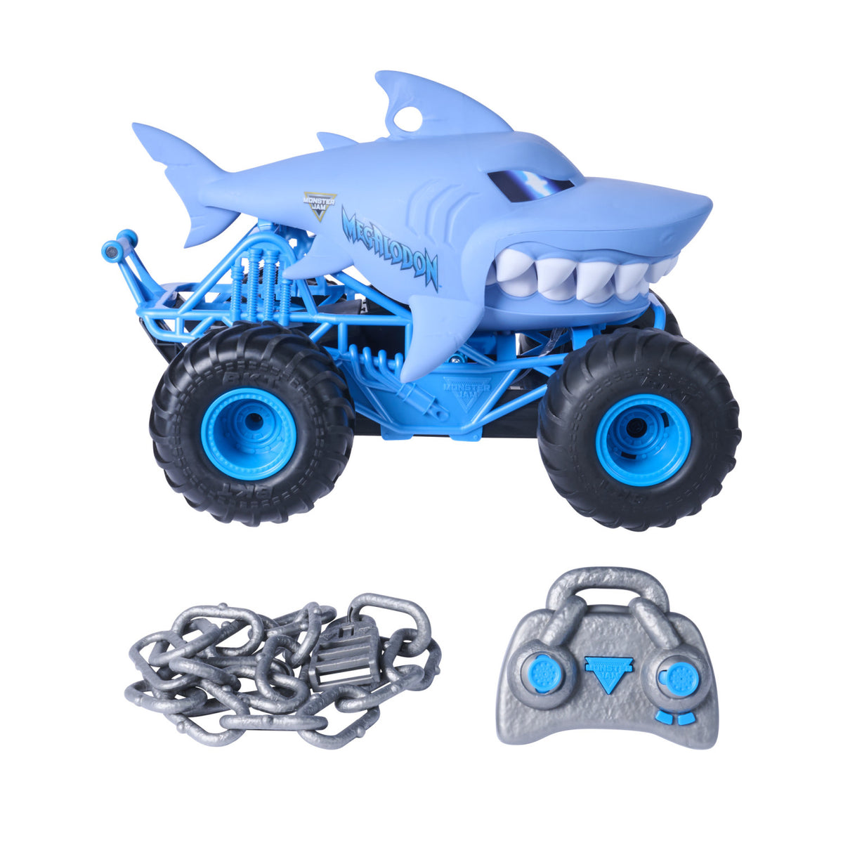 Monster Jam Camion RC Chomping Megalodon, Monster Truck Telecomandato in Scala 1:15 con 3 Modalità di Azione, Catena e Controller, Giocattoli per Ragazzi e Ragazze dai 4 Anni in su