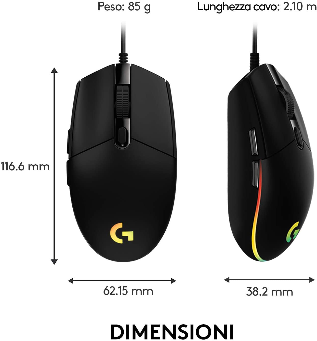 Logitech G G203 Lightsync Mouse USB Tipo A 8000 DPI Nero