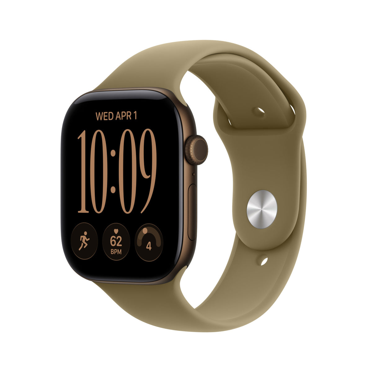 Apple Watch Series 12 GPS, cassa 46 mm in alluminio color bronzo scuro con cinturino Sport oliva - S/M
