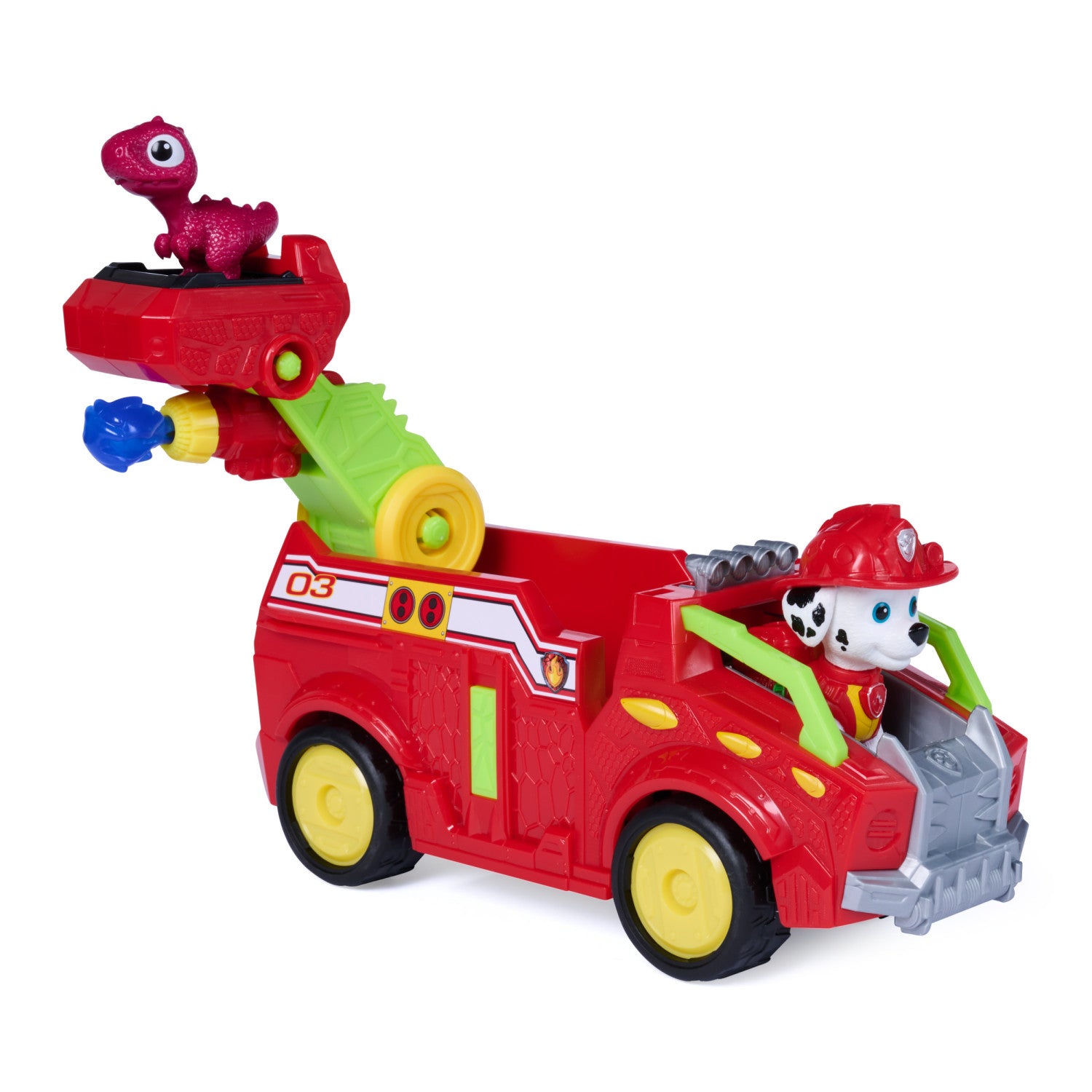 PAW Patrol : The Dino Movie, camion dei pompieri Marshall Dino Rescue con lanciamissili rotante a 360 con 2 action figure, giocattoli per bambine e bambini dai 3 anni in su