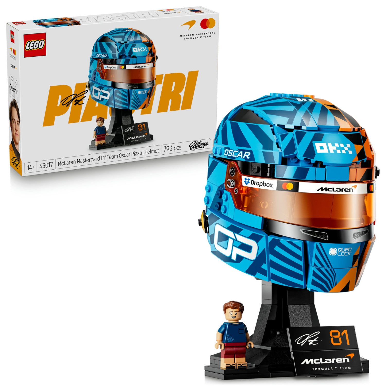LEGO Editions 43017 Casco Di Oscar Piastri McLaren Mastercard F1 Team, Gadget F1 Con Minifigure Da Collezione, Regalo Da 14