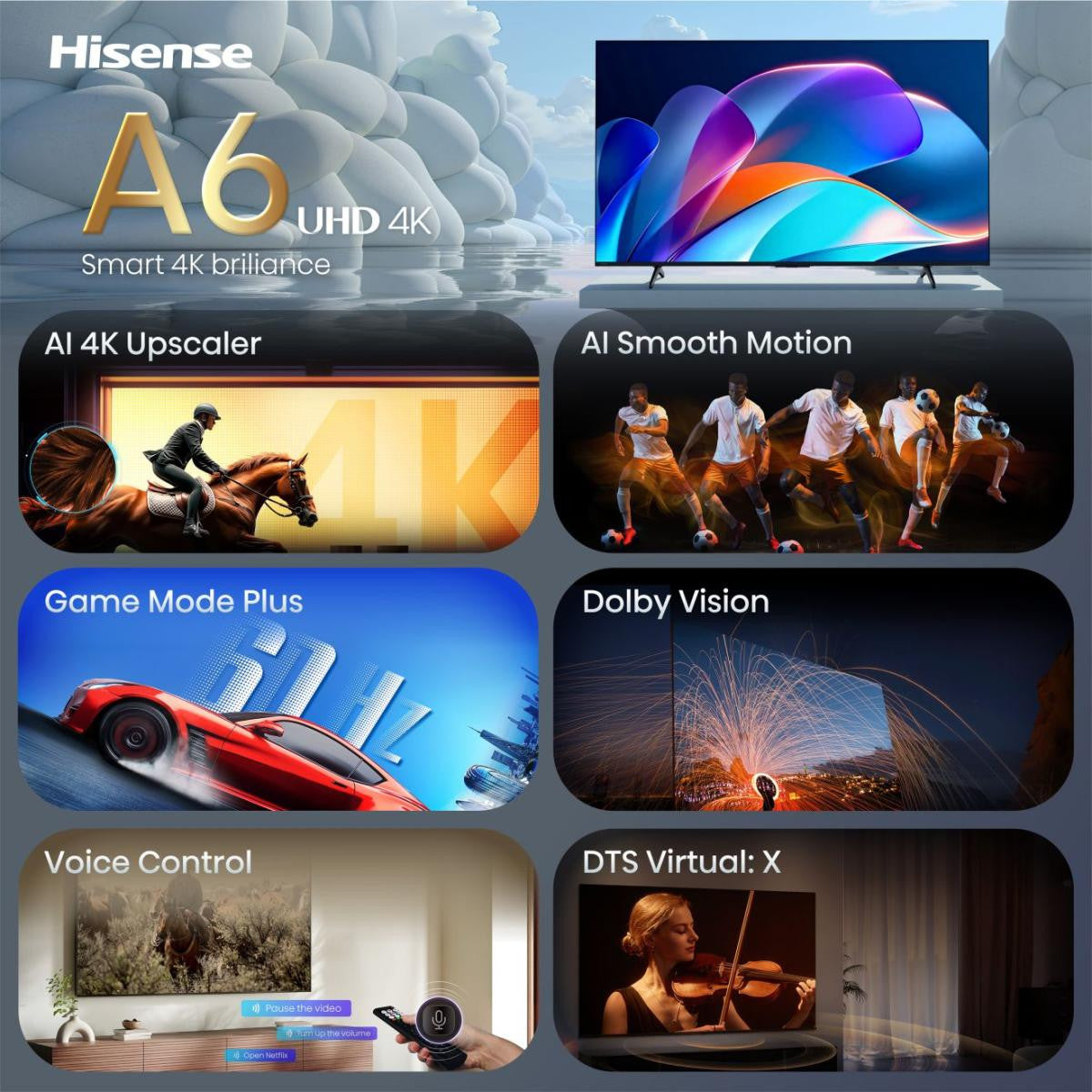 Hisense Smart TV 43 pollici 4K TV 43A6S, 60Hz, DTS Virtual X, VIDAA OS con 1000 APP, HDR 10 , Game Mode Plus, Bluetooth, Wifi, Alexa Built-in, AirPlay2, lativù 4K