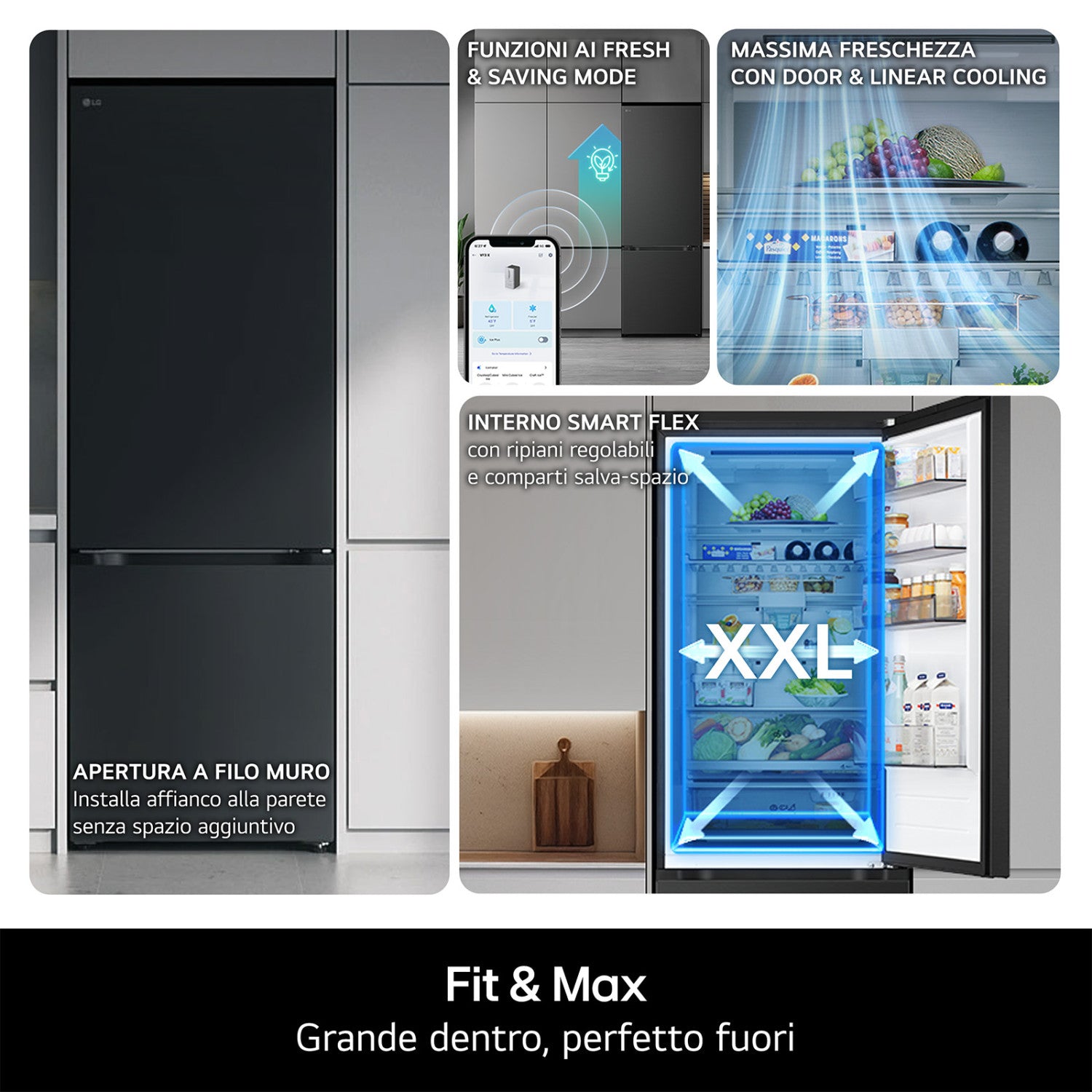 LG GBBW726CMB Frigorifero combinato Fit Max 70cm, Classe C, 465L, AI Fresh,Wi-Fi, Metal Fresh, Door Cooling, Metal Sorbet