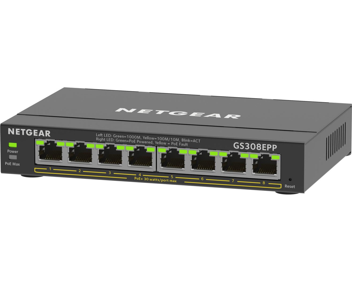 NETGEAR 8-Port Gigabit Ethernet High-Power PoE Plus Switch (GS308EPP) Gestito L2/L3 Gigabit Ethernet (10/100/1000) Supporto Power over Ethernet (PoE) Nero