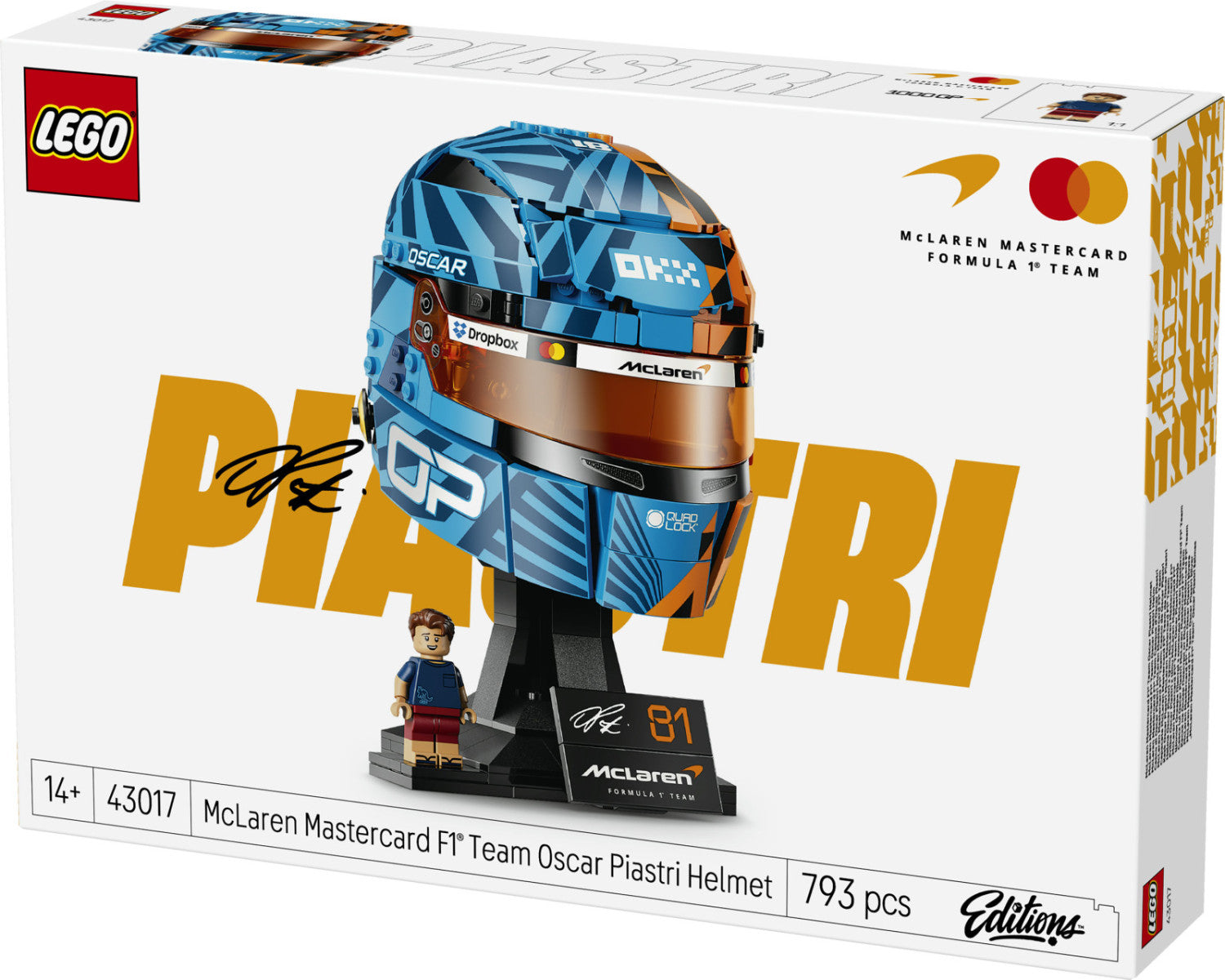 LEGO Editions 43017 Casco Di Oscar Piastri McLaren Mastercard F1 Team, Gadget F1 Con Minifigure Da Collezione, Regalo Da 14