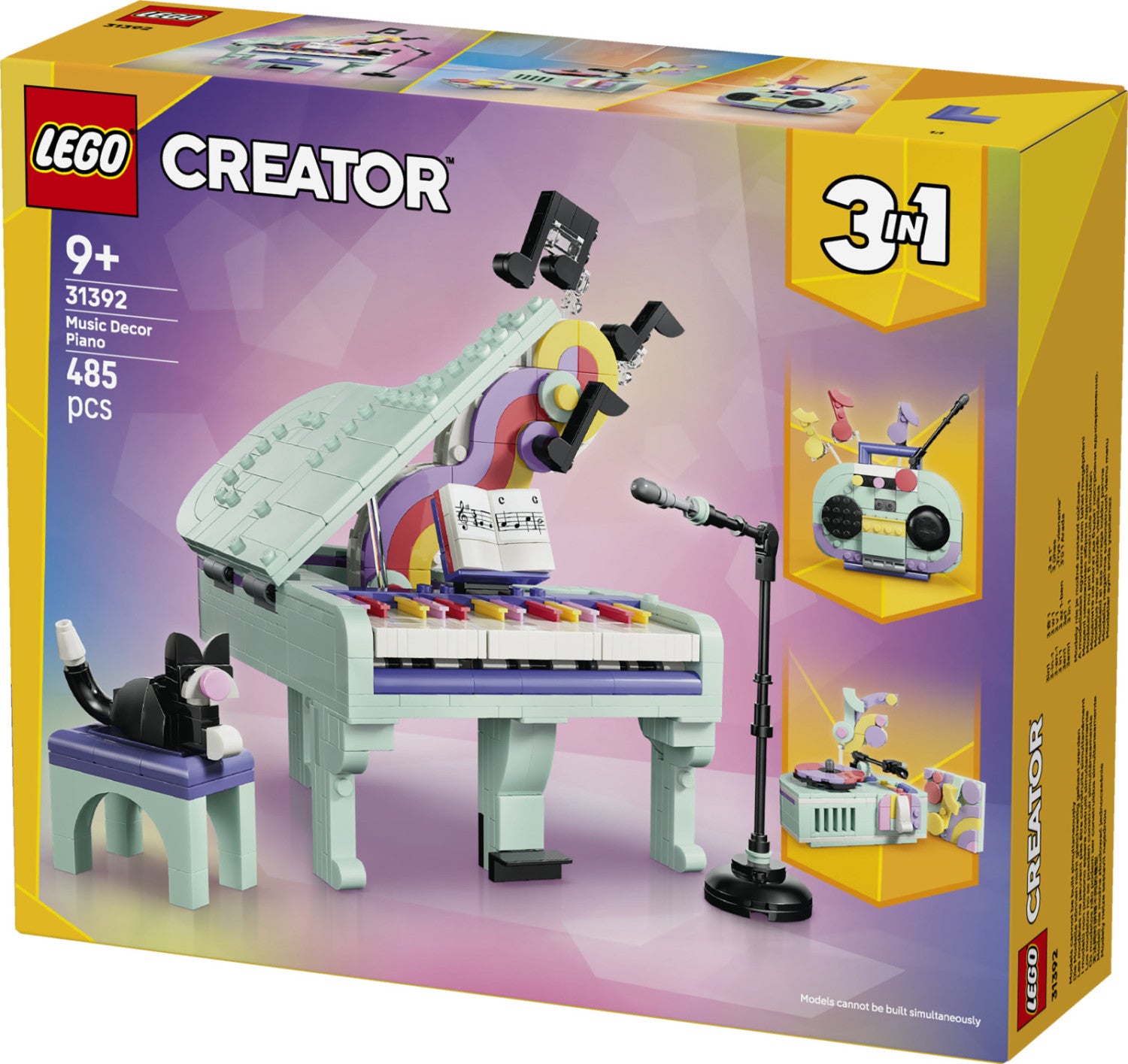 LEGO Creator 31392 3in1: Pianoforte Decorativo con Gatto, Giocattolo Retrò Trasformabile in Radio o Giradischi, Regalo da 9