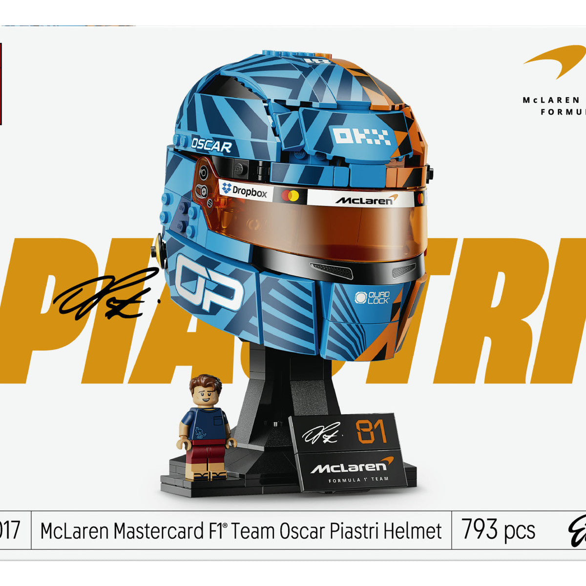 LEGO Editions 43017 Casco Di Oscar Piastri McLaren Mastercard F1 Team, Gadget F1 Con Minifigure Da Collezione, Regalo Da 14