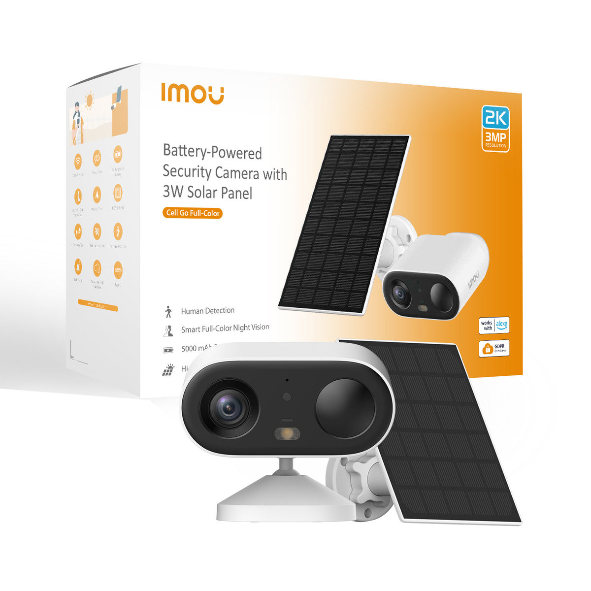 Imou Cell GO KIT 2K (3MP) Telecamera Wi-Fi Esterno/Interno Batteria Senza Fili, Rilevamento PIR/Umano, Visione Notturna a Colori, Audio Bidirezionale con Voce Personalizzata, IP65, Include Pannello solare e cavo prolunga