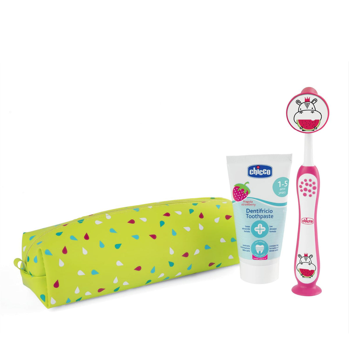Chicco Set Dentale 3-6 Anni Rosa - Spazzolino Setole Morbide e Dentifricio Gusto Fragola con Custodia da Viaggio