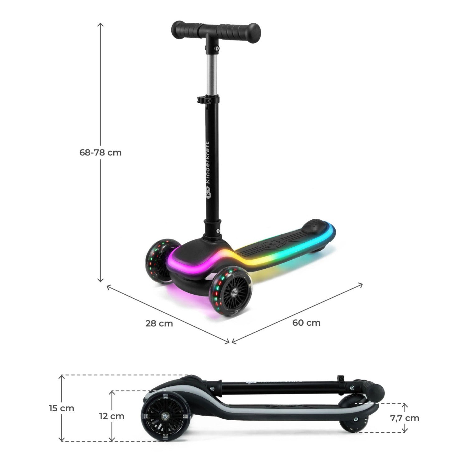 Kk Kinderkraft Raket Monopattino Bambini 3 Ruote Con Luci Led Rgb, Pieghevole, Manubrio Regolabile, 2 Anni, Nero
