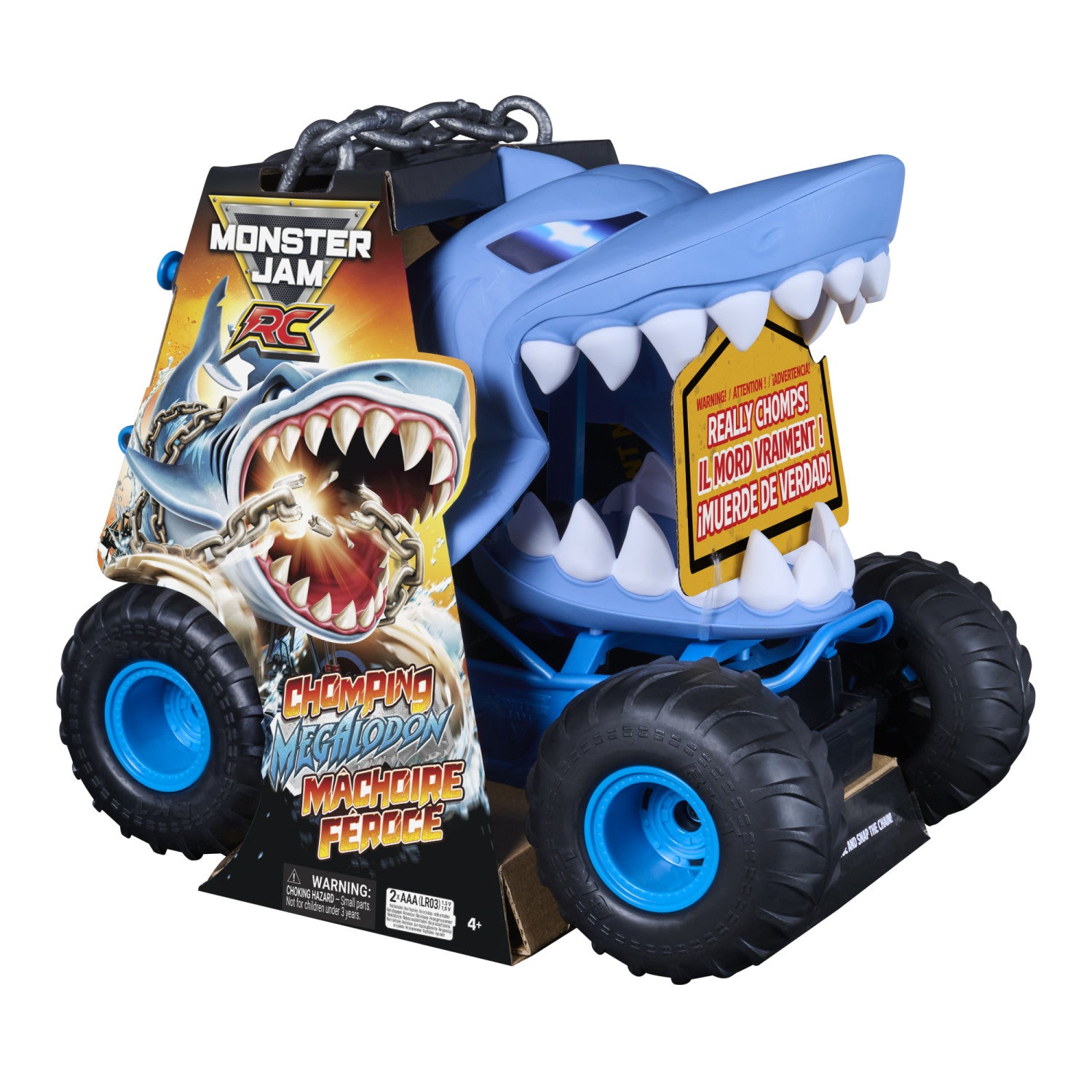 Monster Jam Camion RC Chomping Megalodon, Monster Truck Telecomandato in Scala 1:15 con 3 Modalità di Azione, Catena e Controller, Giocattoli per Ragazzi e Ragazze dai 4 Anni in su