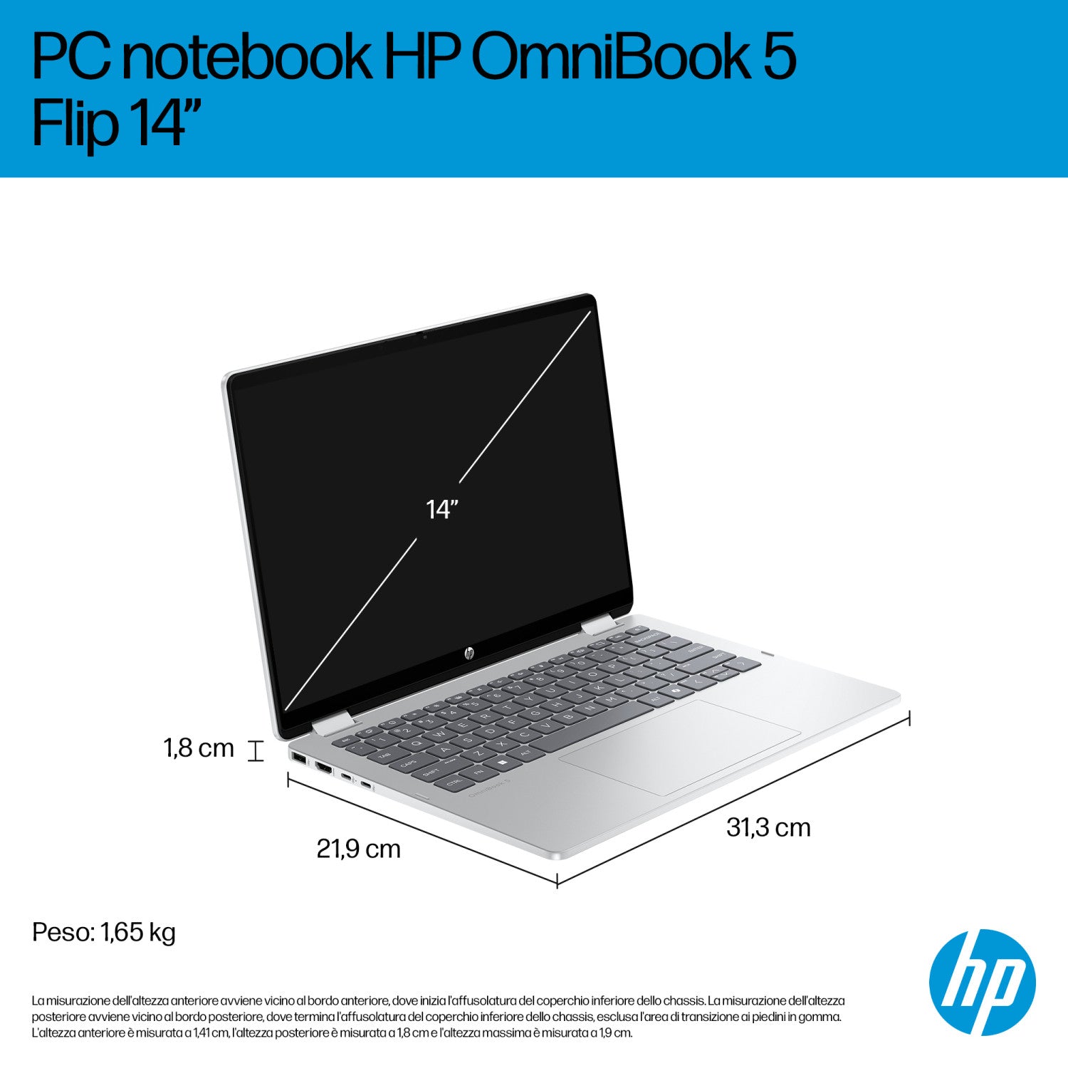HP OmniBook 5 Flip 2-in-1 Laptop 14-fp0012nlx Intel Core i3 i3-1315U 35,6 cm (14 pollici) Touch screen 2K 8 GB LPDDR5-SDRAM 512 GB SSD Wi-Fi 6 (802.11ax) Windows 11 Home Argento