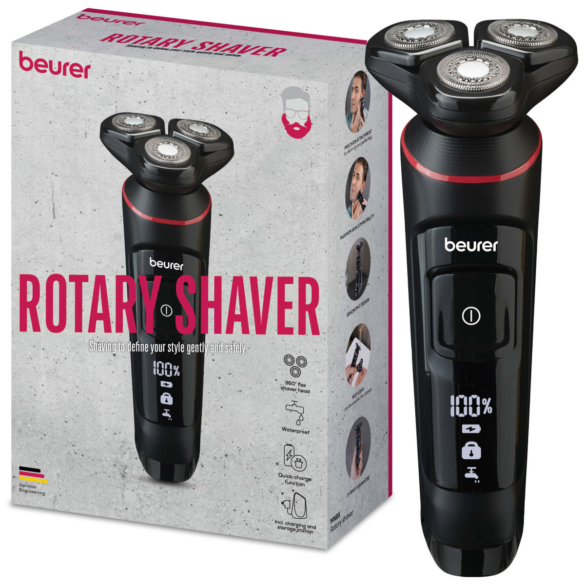 Beurer Rasoio rotante MN8X, regolazione ottimale grazie alla testina flessibile a 360 , 3 testine ad attacco magnetico, accessorio di precisione, impermeabile, ricarica rapida, display LED