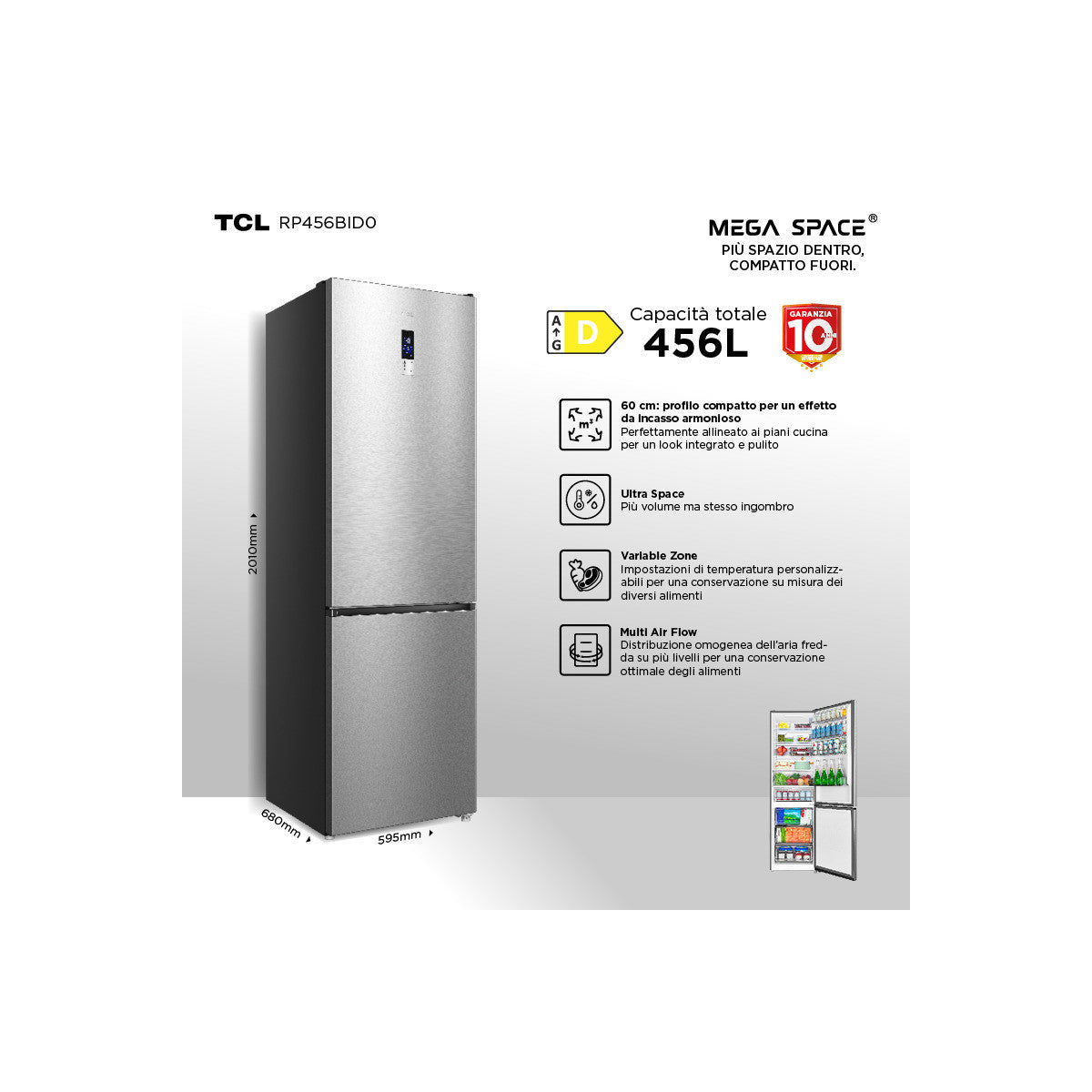 TCL RP350BBD0. Frigorifero Combinato 60 cm – 350 L con Variable Zone, Total No Frost e Compressore Inverter