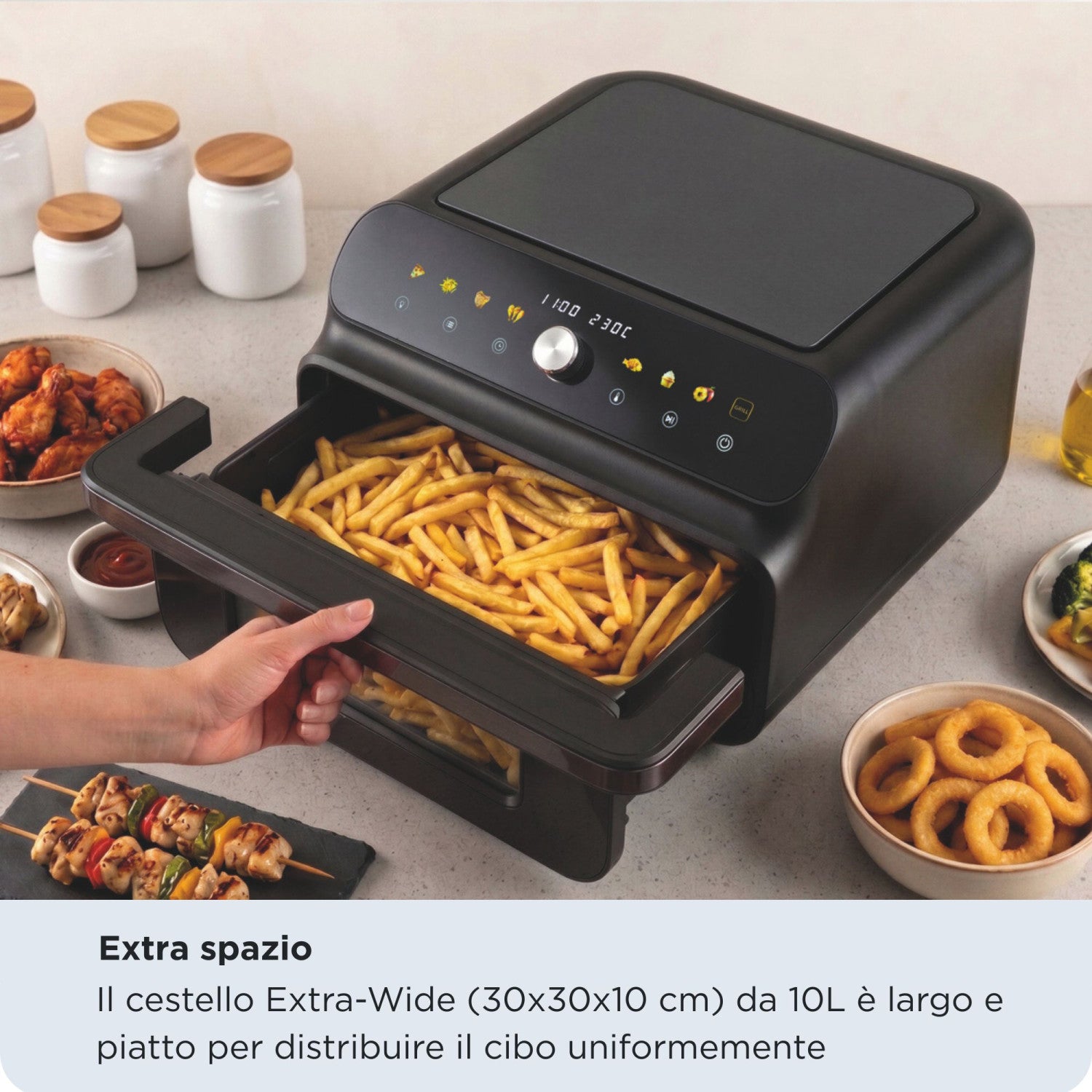 Ariete 4649 Air Fryer + Grill Pizza oven, Friggitrice e forno pizza, 2000W, Capacità 10L, 8 programmi di cottura, Timer, Cuoce una pizza intera, Finestra trasparente + luce, doppia resistenza, fino a 230°C