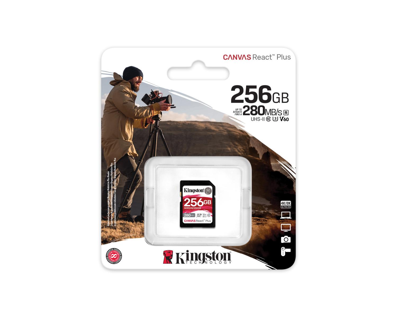 Kingston Technology 256GB Canvas React Plus SDXC UHS-II 280R/150W U3 V60 for Full HD/4K