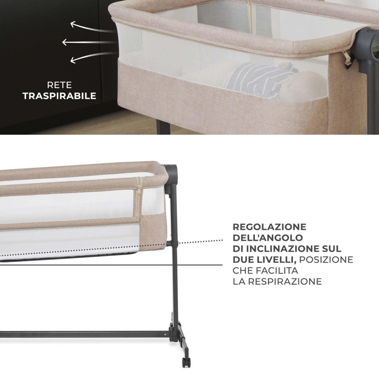 Kinderkraft Nestee Up 2 Culla Co-Sleeping Con Materasso, 5 Livelli Di Altezza, 4 Ruote, Beige