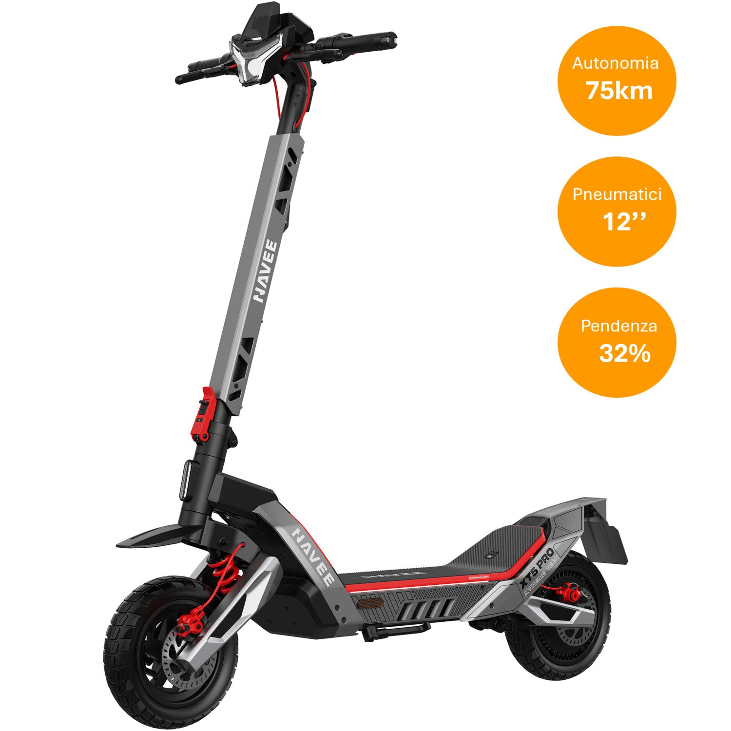 NAVEE XT5 Pro Monopattino elettrico, Potenza max 2200W, Gomme 12" Offroad, 75km Autonomia, IPX6, Doppia Sospensione a molla, Freni tripli, Frecce direzionali e Faro da 9W