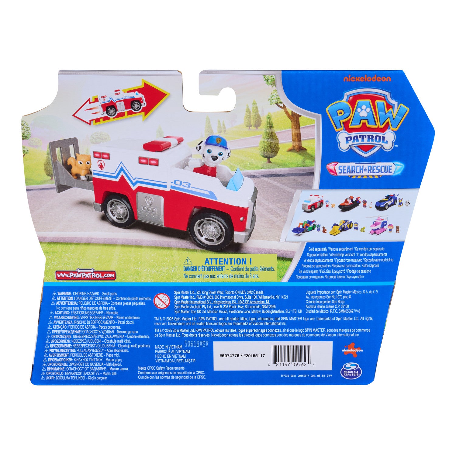 PAW Patrol : Search Rescue, Camion di Salvataggio di Marshall con 2 Personaggi, Camion Giocattolo a Retrocarica, Giocattoli per Bambini e Bambine, 3 Anni