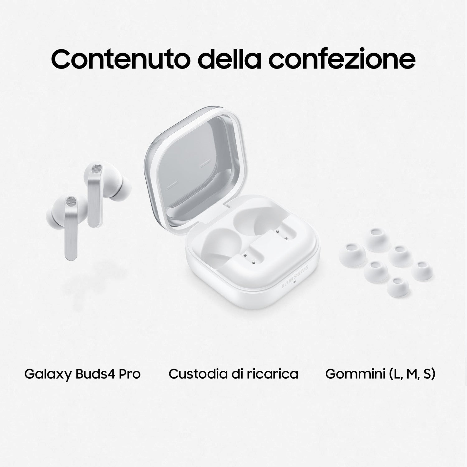 Samsung Galaxy Buds4 Pro, White, Corpo in metallo, Altoparlante a 2 vie e doppio amplificatore, Chiamate cristalline, Audio a 360 , ANC migliorata, Controllo adattivo del rumore, Connessione senza interruzioni e One UI, AI pronto ai comandi vocali