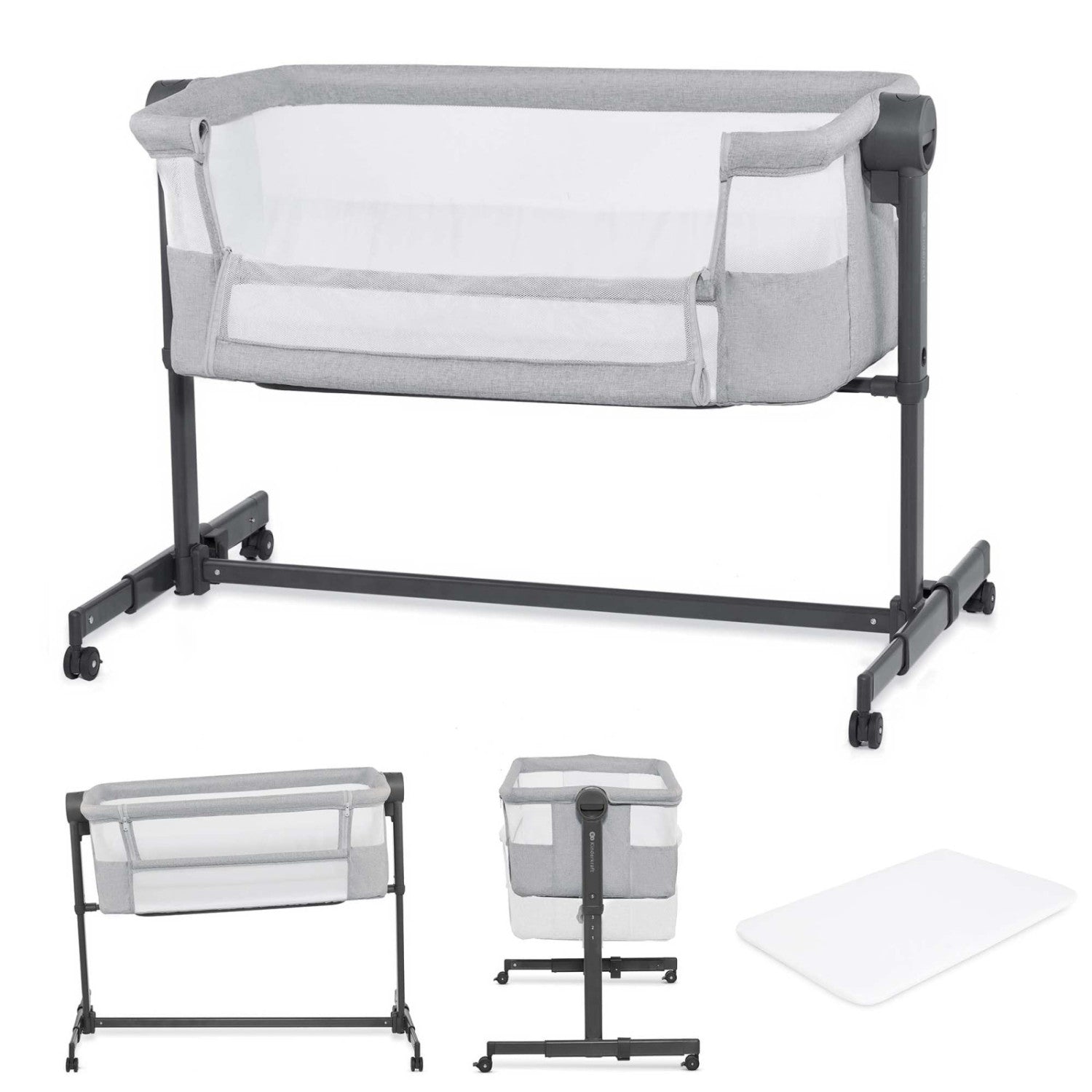 Kinderkraft Nestee Up 2 Culla Co-Sleeping 2 in 1, 5 Livelli di Altezza, 4 Ruote, con Materasso, Grigio Chiaro