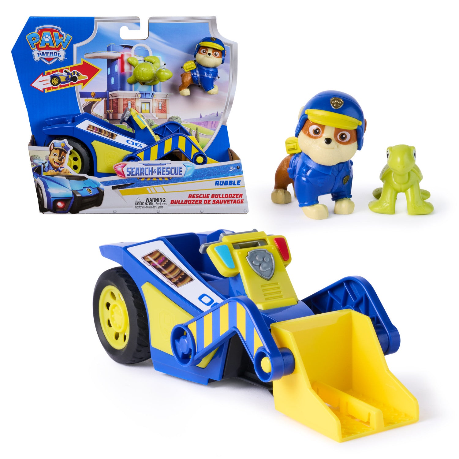 PAW Patrol : Search Rescue, Bulldozer di Salvataggio di Rubble con 2 Personaggi, Auto della Polizia Giocattolo a Retrocarica, Giocattoli per Bambini e Bambine, 3 Anni