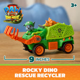 PAW Patrol : The Dino Movie, Rocky Dino Rescue Recycler con compartimento segreto e tenaglia funzionante, 2 action figure e un veicolo, giocattoli per bambine e bambini dai 3 anni in su