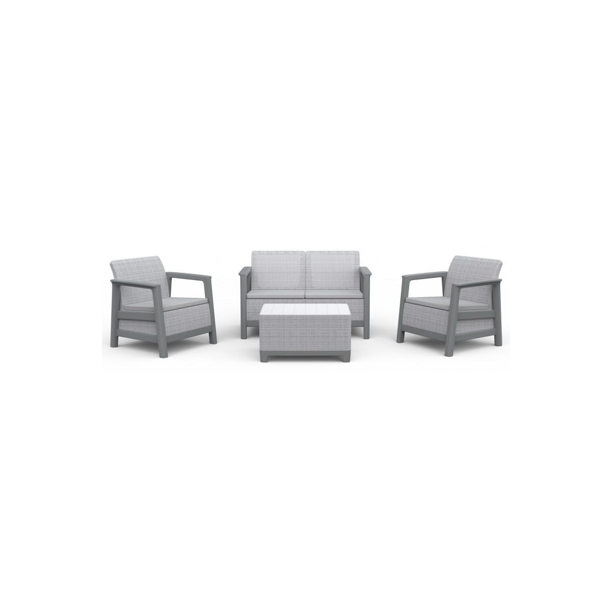 Keter Scandi Linea Lounge Set 4 Pezzi Con Cuscini - 2 Poltrone, Divano 2 Posti, Tavolino Contenitore - Effetto Jute - Grigio Chiaro