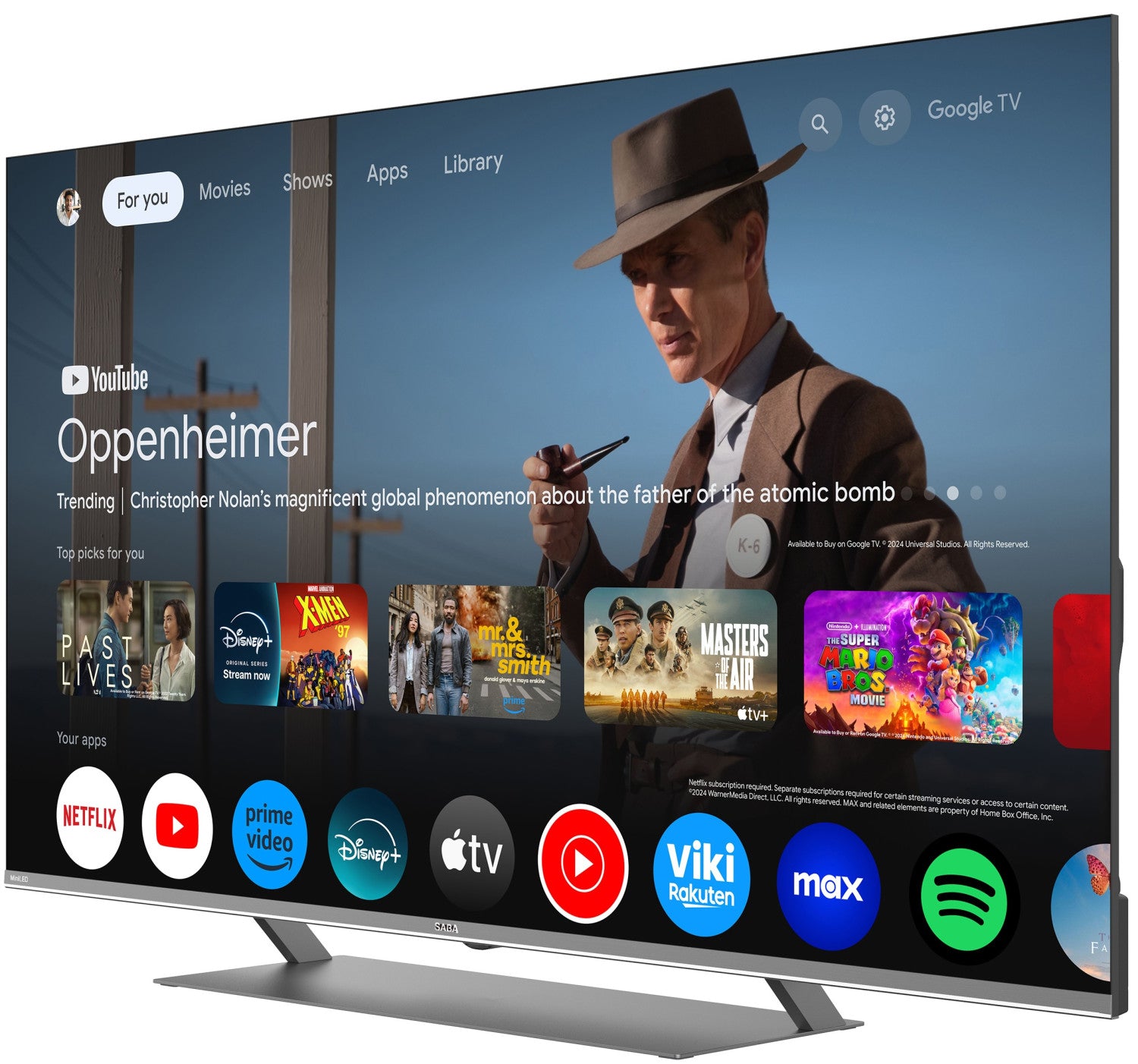 SABA SA55M91GTV SMART TV QD-MiniLED 55pollici ULTRA HD 4K, GOOGLE TV 5.0, Dolby Vision/Atmos, Triplo tuner DVBT2/C/S2 HEVC MAIN10, Certificato TivuSAT, Piedistallo centrale