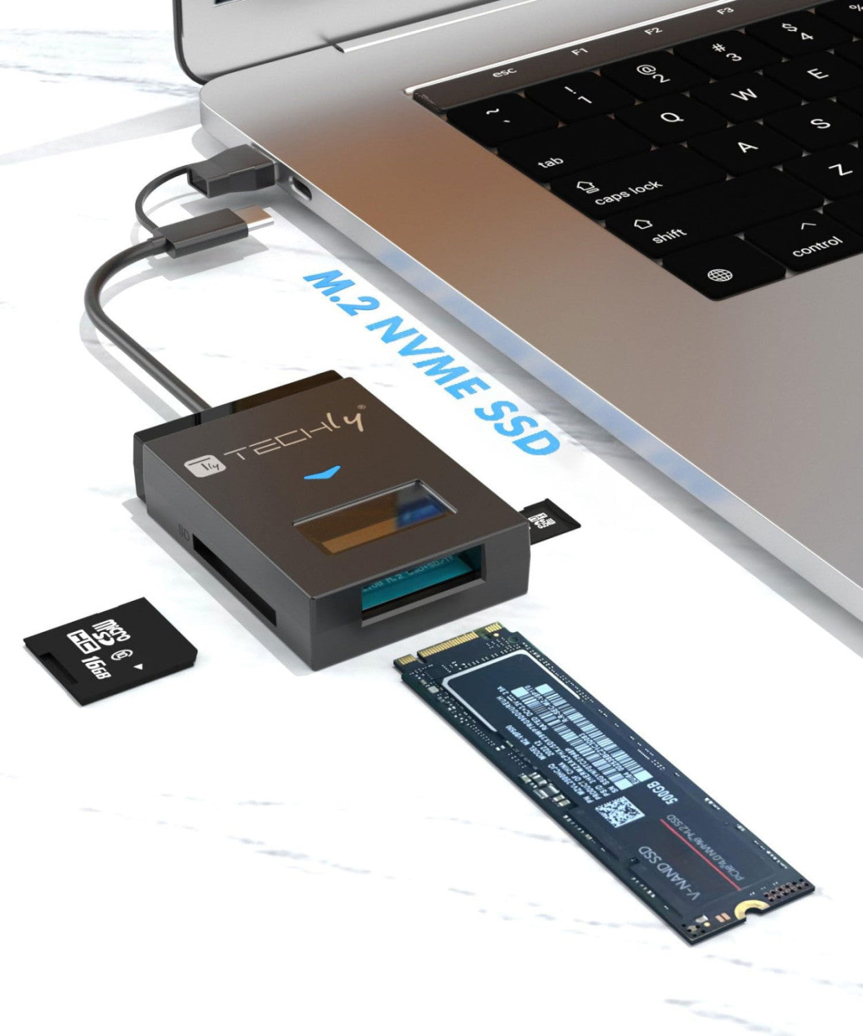 Techly Adattatore USB-A/USB-C a NVMe/SATA M.2 con Lettore Memorie SD/TF Nero