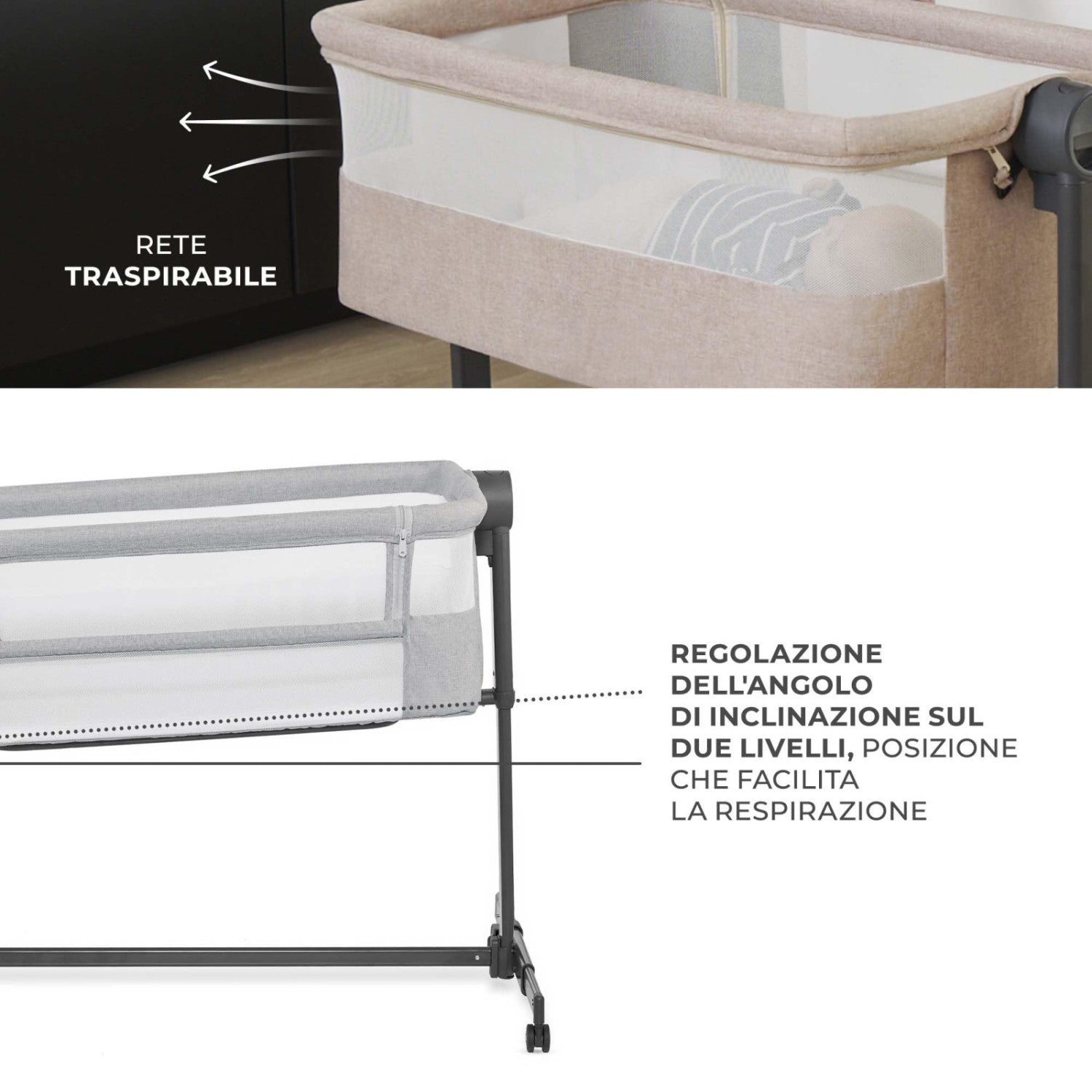 Kinderkraft Nestee Up 2 Culla Co-Sleeping 2 in 1, 5 Livelli di Altezza, 4 Ruote, con Materasso, Grigio Chiaro
